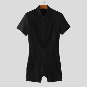 AIDASE  -  Men Bodysuits Mesh Patchwork Zipper Lapel Short Sleeve Male Rompers Playsuits Sexy See Through Fashion Bodysuit S-3XL aidase-shop